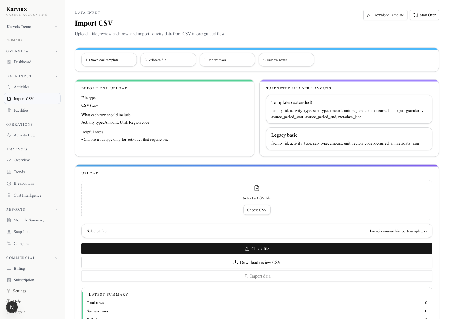 Karvoix import screen showing CSV import setup for activity data.