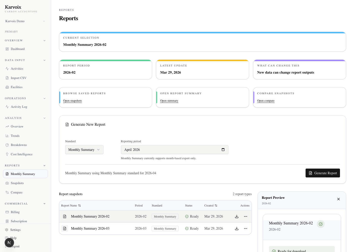 Karvoix reports center showing report management and snapshot review surfaces.